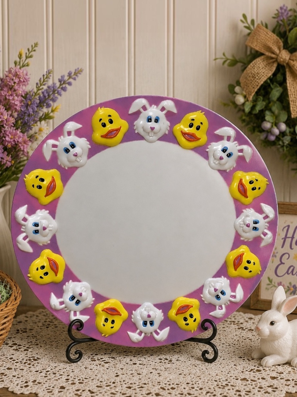Vtg Easter Unlimited 3D Bunny Chick Serving Platter Tray Pink Purple 16” Kitsch
